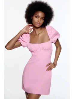 Tie-wrap Square Neck Fitted Short Sleeve Dresses