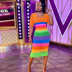 Contrast Color Striped Short Sleeve Midi Dress