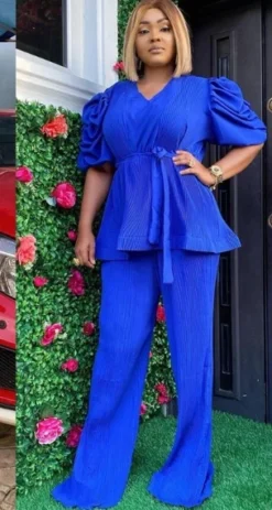 Ruffle V Neck Puff Sleeve Trouser Sets