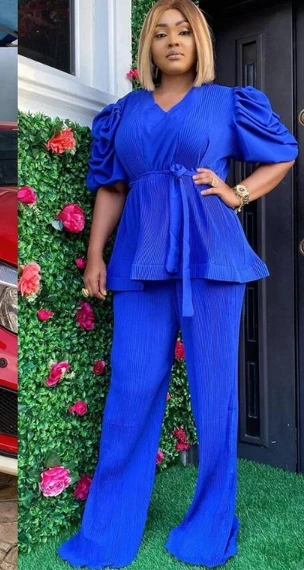 Ruffle V Neck Puff Sleeve Trouser Sets