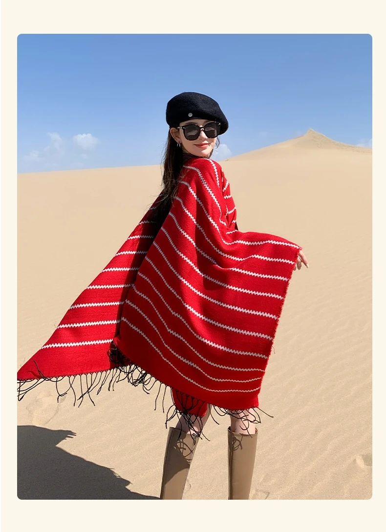 Striped Fringe Goddess-like Shawl - Image 4