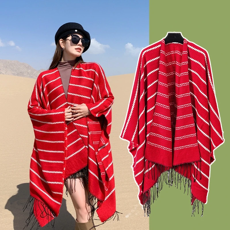 Striped Fringe Goddess-like Shawl