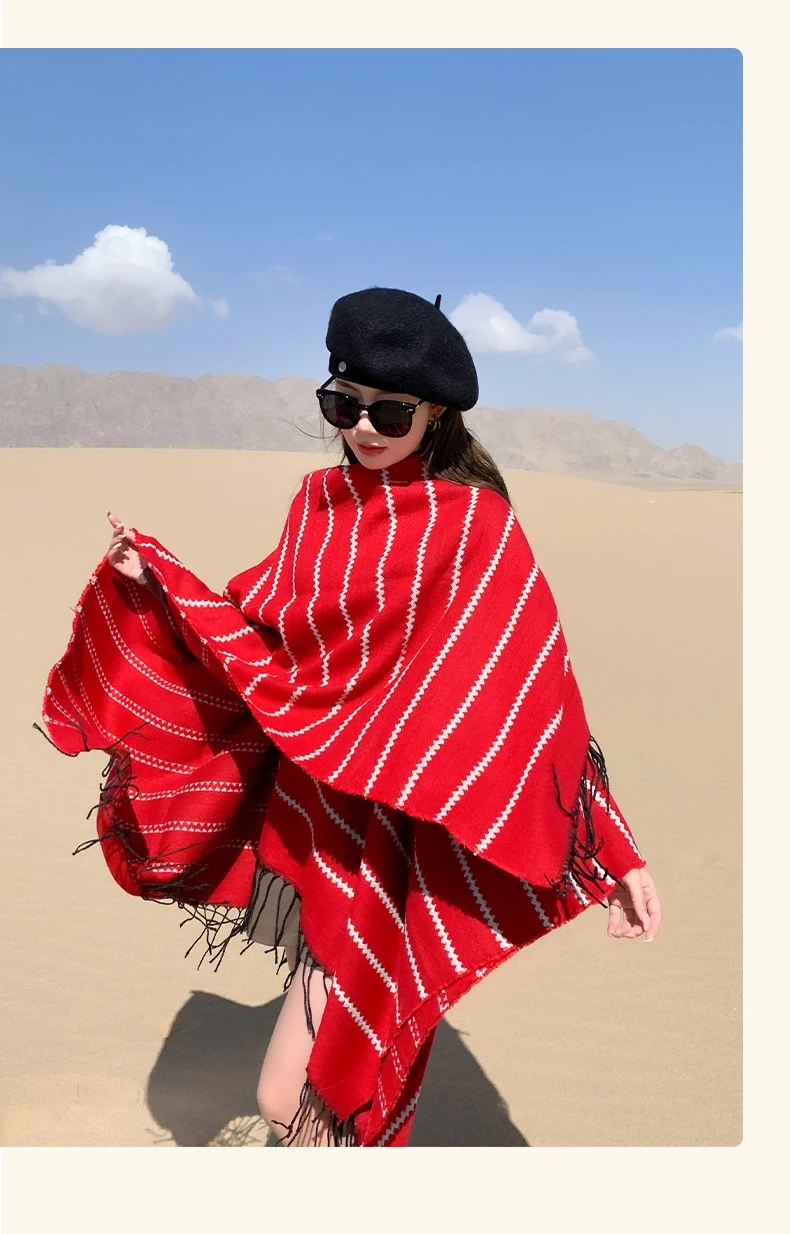 Striped Fringe Goddess-like Shawl - Image 3