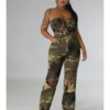 Camouflage Boat Neck Off Shoulder Jumpsuits