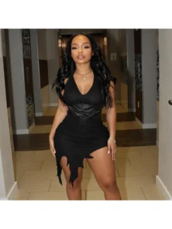 PU Patchwork Irregular Halter Mini Dress