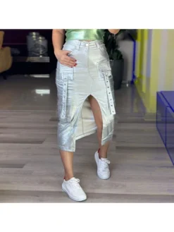 Metallic Pockets Slit Bodycon Skirts