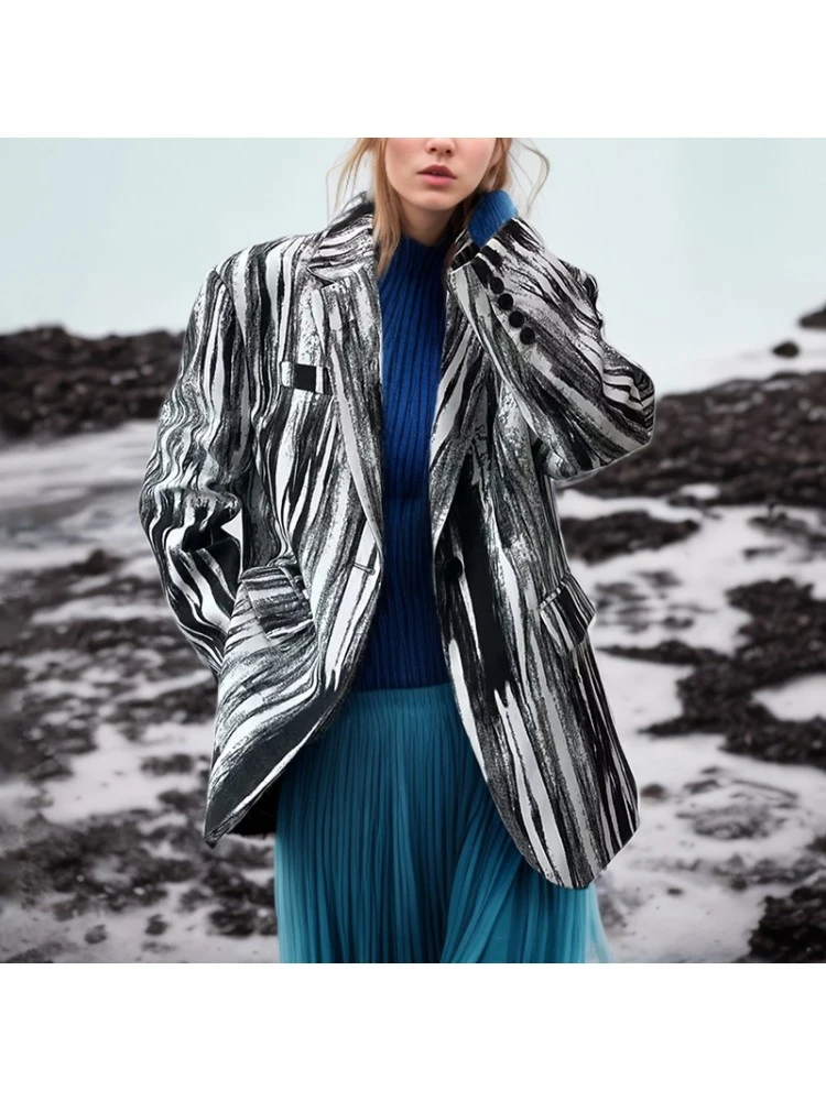 Patchwork Graffiti Print Loose Blazers - Image 8