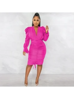 Drawstring Ruched V Neck Fitted Midi Dress