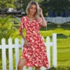 Disty Floral Printing Lace Up Short Sleeve Dress