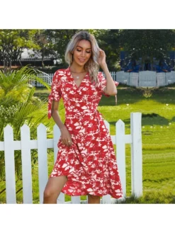 Disty Floral Printing Lace Up Short Sleeve Dress