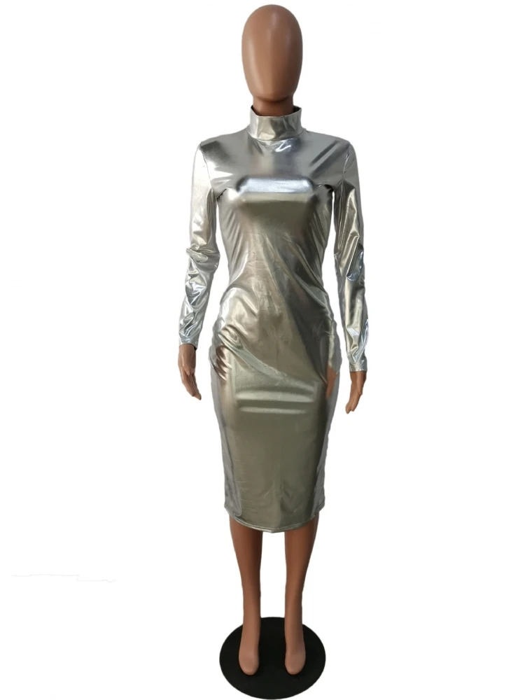 Metallic Color Fitted Long Sleeve Maxi Dress - Image 2