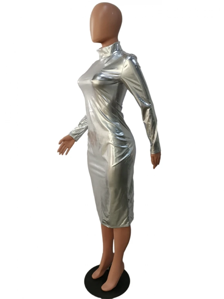 Metallic Color Fitted Long Sleeve Maxi Dress - Image 3