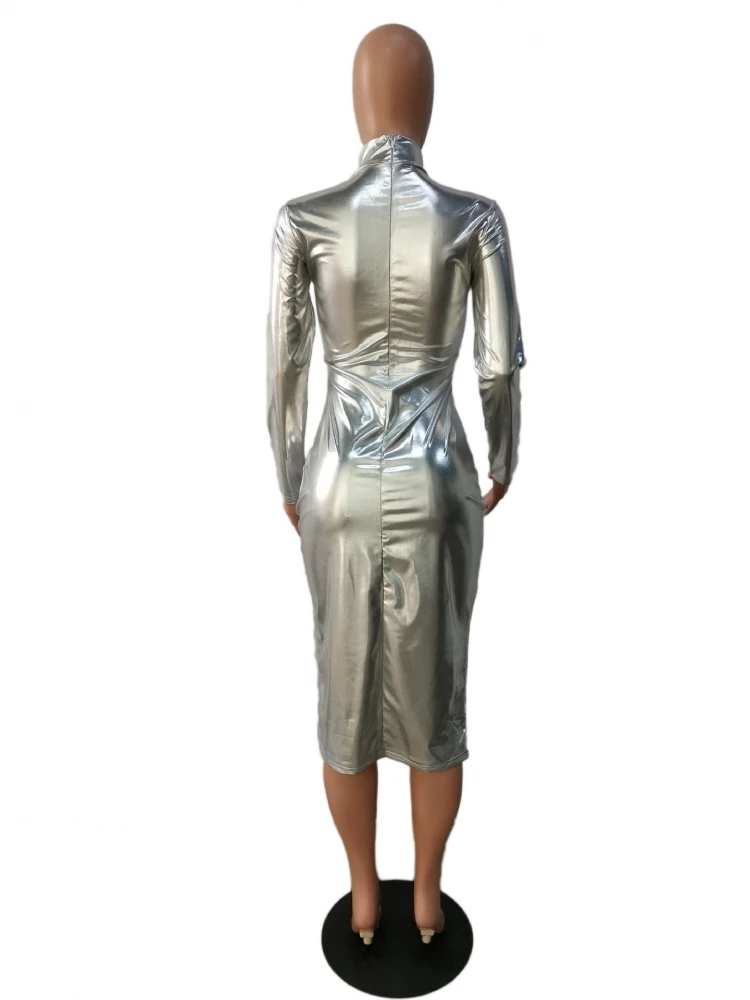 Metallic Color Fitted Long Sleeve Maxi Dress - Image 4