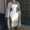 Metallic Color Fitted Long Sleeve Maxi Dress
