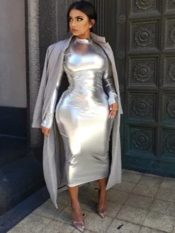 Metallic Color Fitted Long Sleeve Maxi Dress
