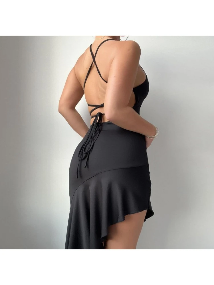 Low Cut Fitted Backless Halter Maxi Dress - Image 6