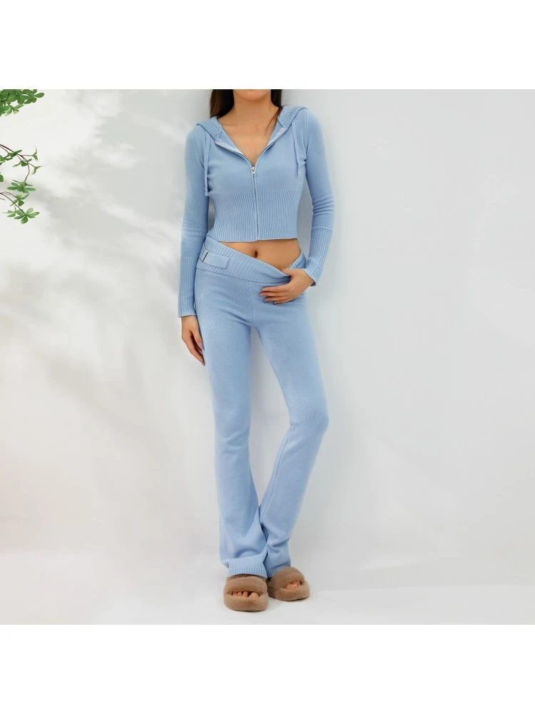 Knitted Zipper Cropped Hoodies Trouser Sets