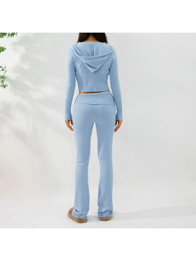 Knitted Zipper Cropped Hoodies Trouser Sets - Image 2
