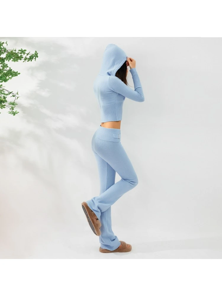 Knitted Zipper Cropped Hoodies Trouser Sets - Image 3