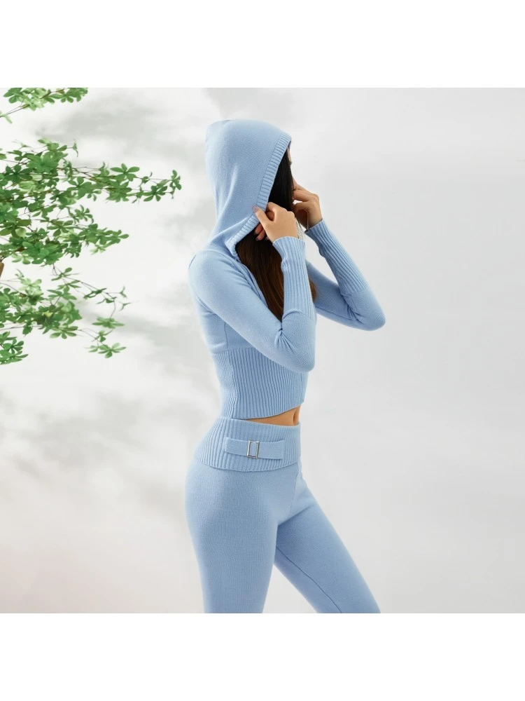 Knitted Zipper Cropped Hoodies Trouser Sets - Image 6