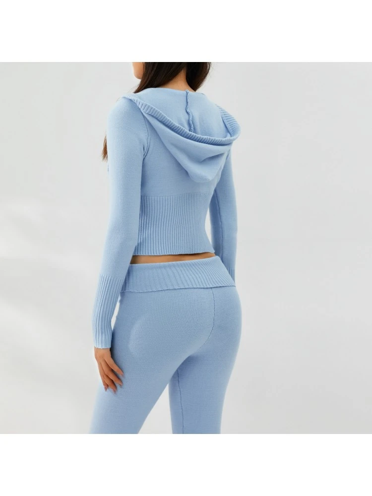 Knitted Zipper Cropped Hoodies Trouser Sets - Image 7