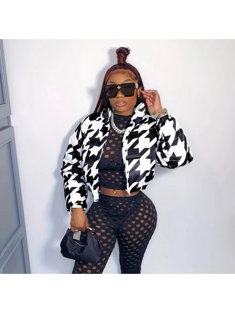 Houndstooth Long Sleeve Cropped Coat