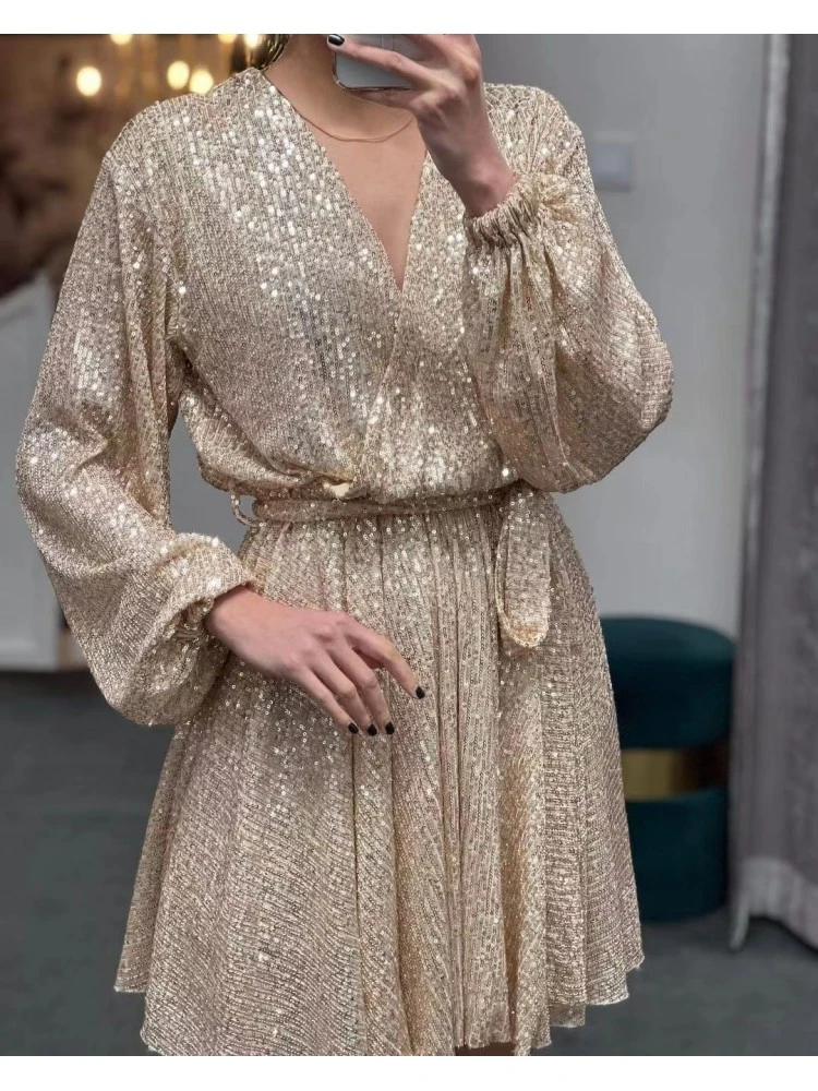 Sequin V Neck Lantern Sleeve Dress - Image 2