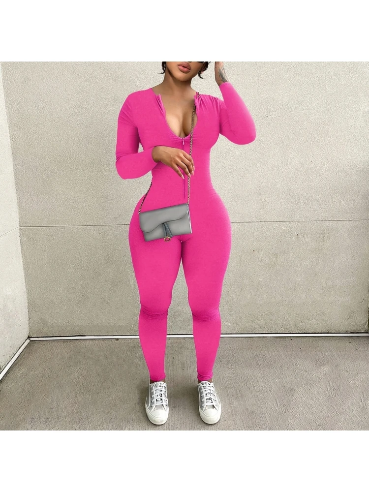 Solid Zipper Fitted Long Sleeve Jumpsuit