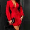 V Neck Lantern Sleeve Low-cut Long Sleeve Dresses
