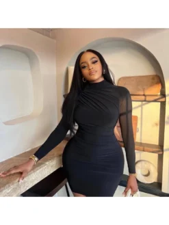 Solid Color Mid-rise Skinny Long Sleeve Dresses