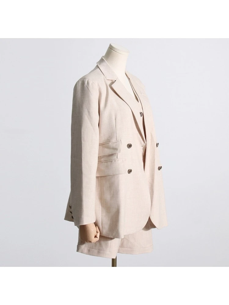 Patchwork Long Sleeve Blazers Jackets Shorts 3 Piese Sets - Image 3