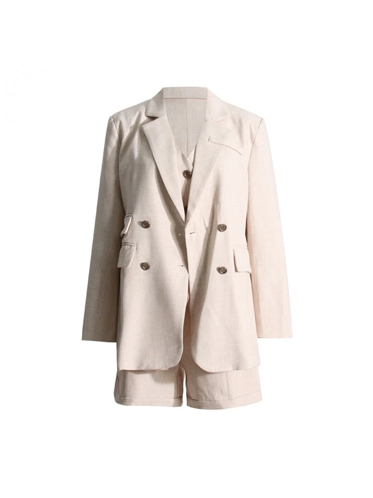 Patchwork Long Sleeve Blazers Jackets Shorts 3 Piese Sets - Image 5