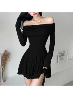 Solid Color A-line Knitting Mini Dress