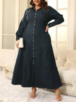 Solid Color Denim Fitted Plus Long Sleeves Dress