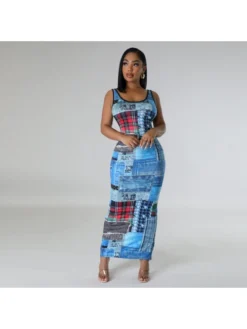 Colorblock U Neck Sleeveless Maxi Dress