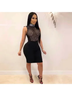 Hotfix Rhinestones Perspective Turtleneck Midi Dress