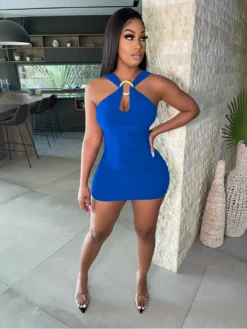 Solid Ring Patchwork Sleeveless Mini Dress