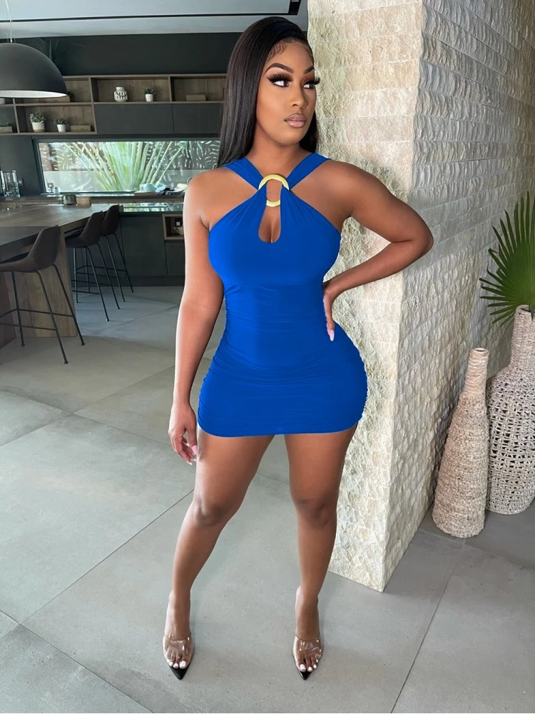 Solid Ring Patchwork Sleeveless Mini Dress