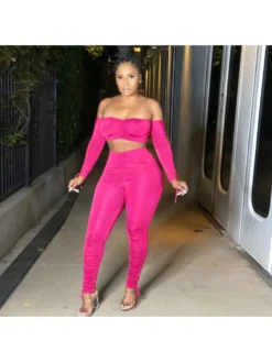 Off Shoulder Cropped Drawstring Trouser Sets