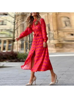 Print A-line Single Breasted Long Sleeves Dress