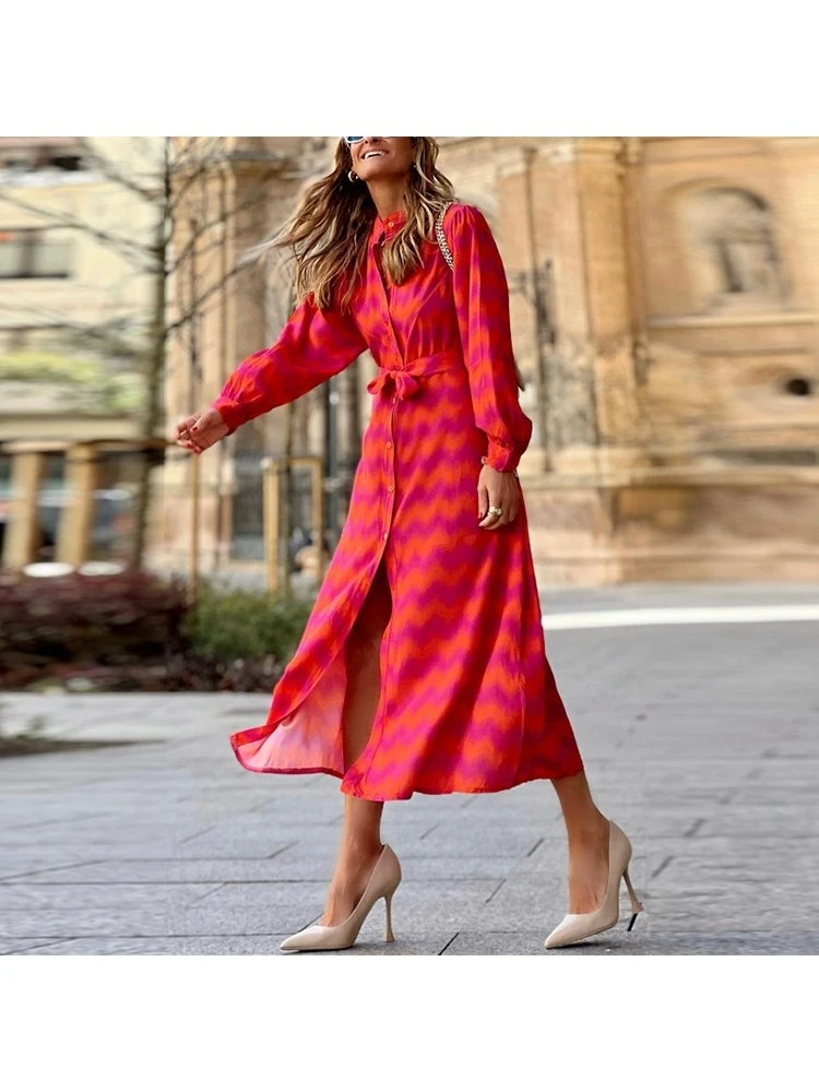 Print A-line Single Breasted Long Sleeves Dress