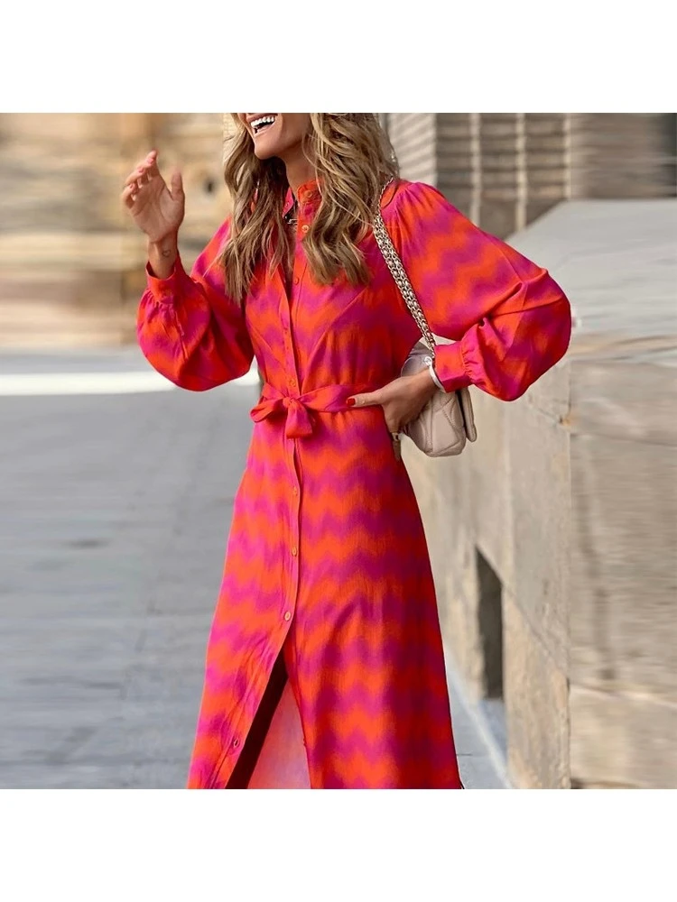 Print A-line Single Breasted Long Sleeves Dress - Image 2