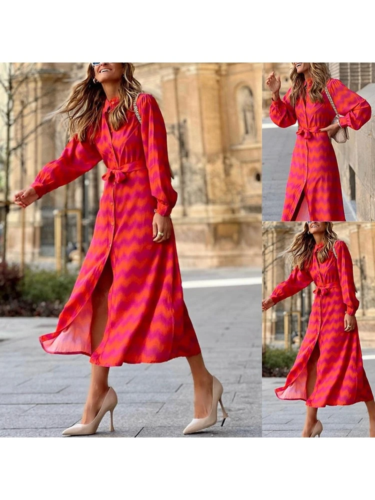 Print A-line Single Breasted Long Sleeves Dress - Image 3