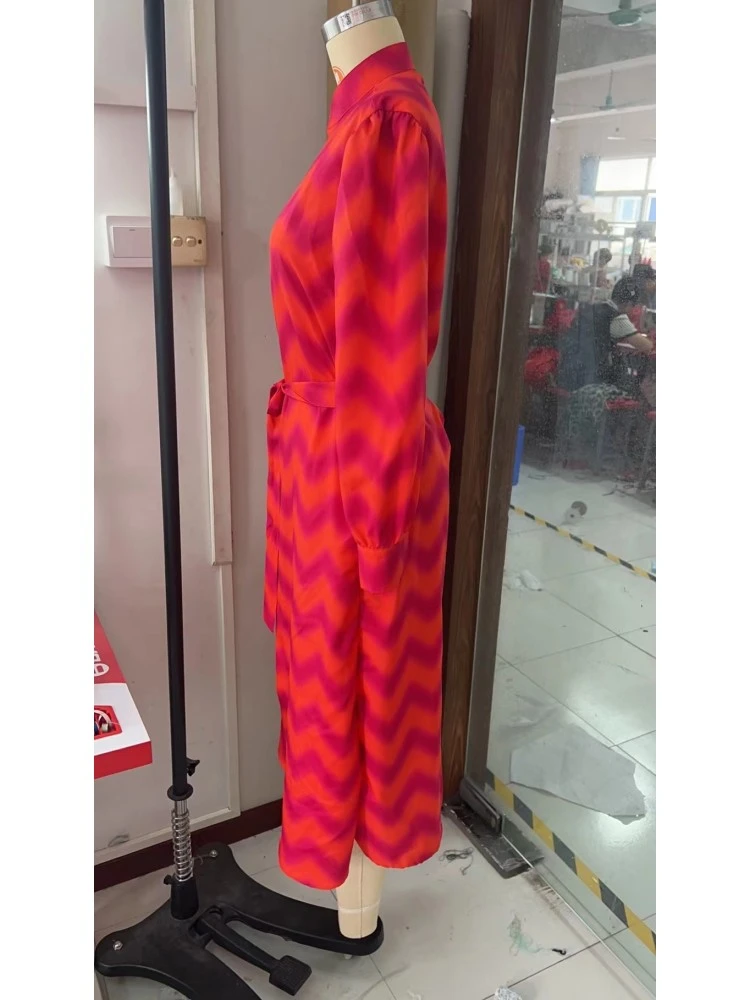 Print A-line Single Breasted Long Sleeves Dress - Image 5