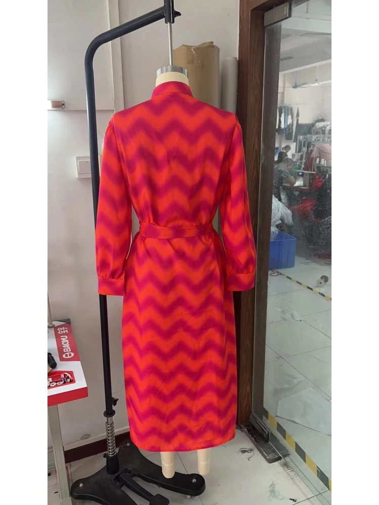 Print A-line Single Breasted Long Sleeves Dress - Image 6