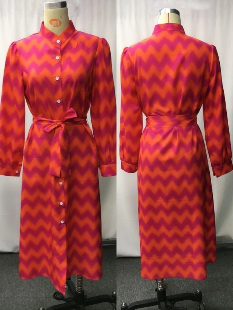 Print A-line Single Breasted Long Sleeves Dress - Image 7