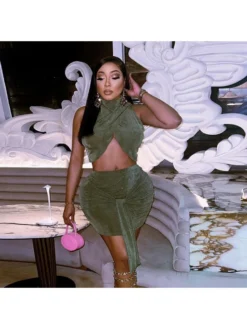 Shiny Ribbon Cropped Skirt Sets