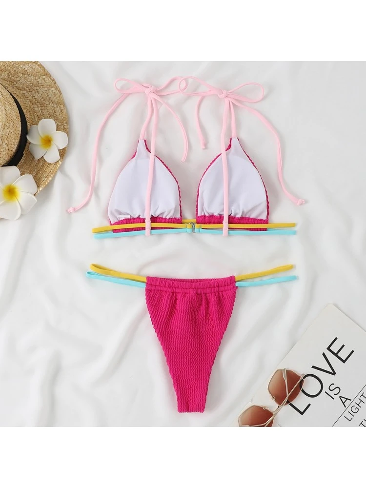 Tie-wrap Colorblock Striped Lace-Up Bikinis - Image 2