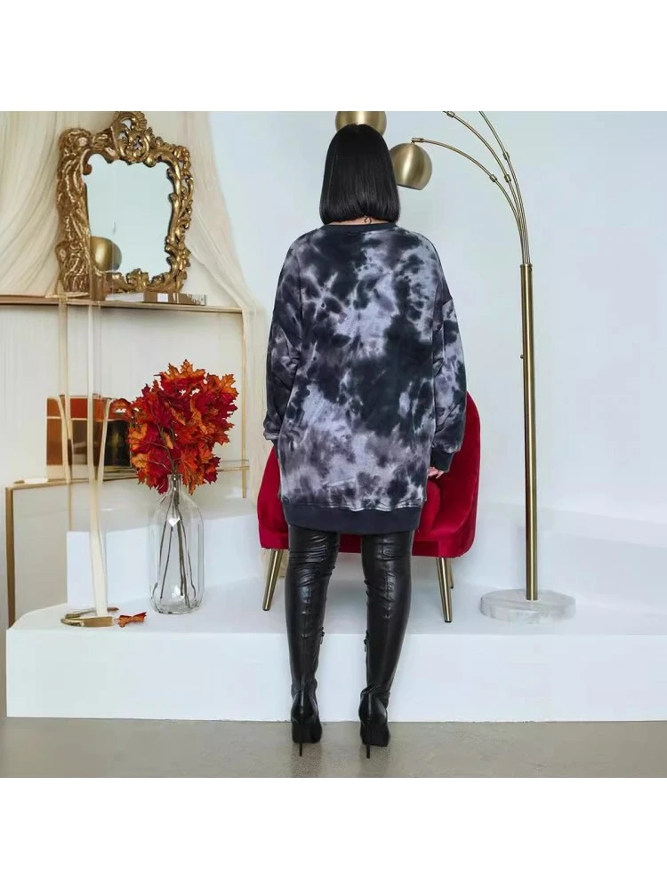 Tie Dye Crew Neck Baggy Long Sleeves Dress - Image 3