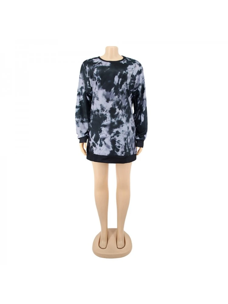Tie Dye Crew Neck Baggy Long Sleeves Dress - Image 4